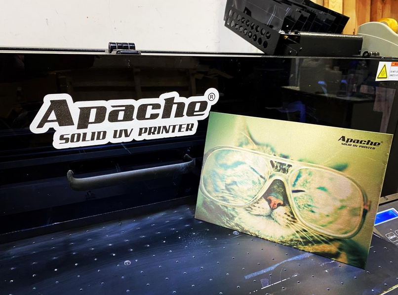 Apache Printers
Apache Digital Flatbed  UV printing example with a cat print out
